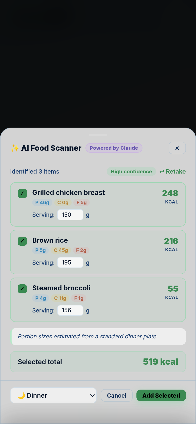 AI Food Scanner results